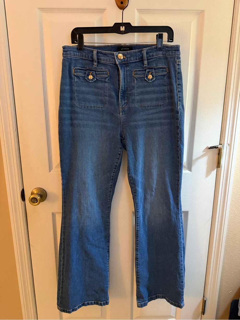 Ann Taylor Medium Blue Boot-Cut Jeans with Gold-Tone Buttons